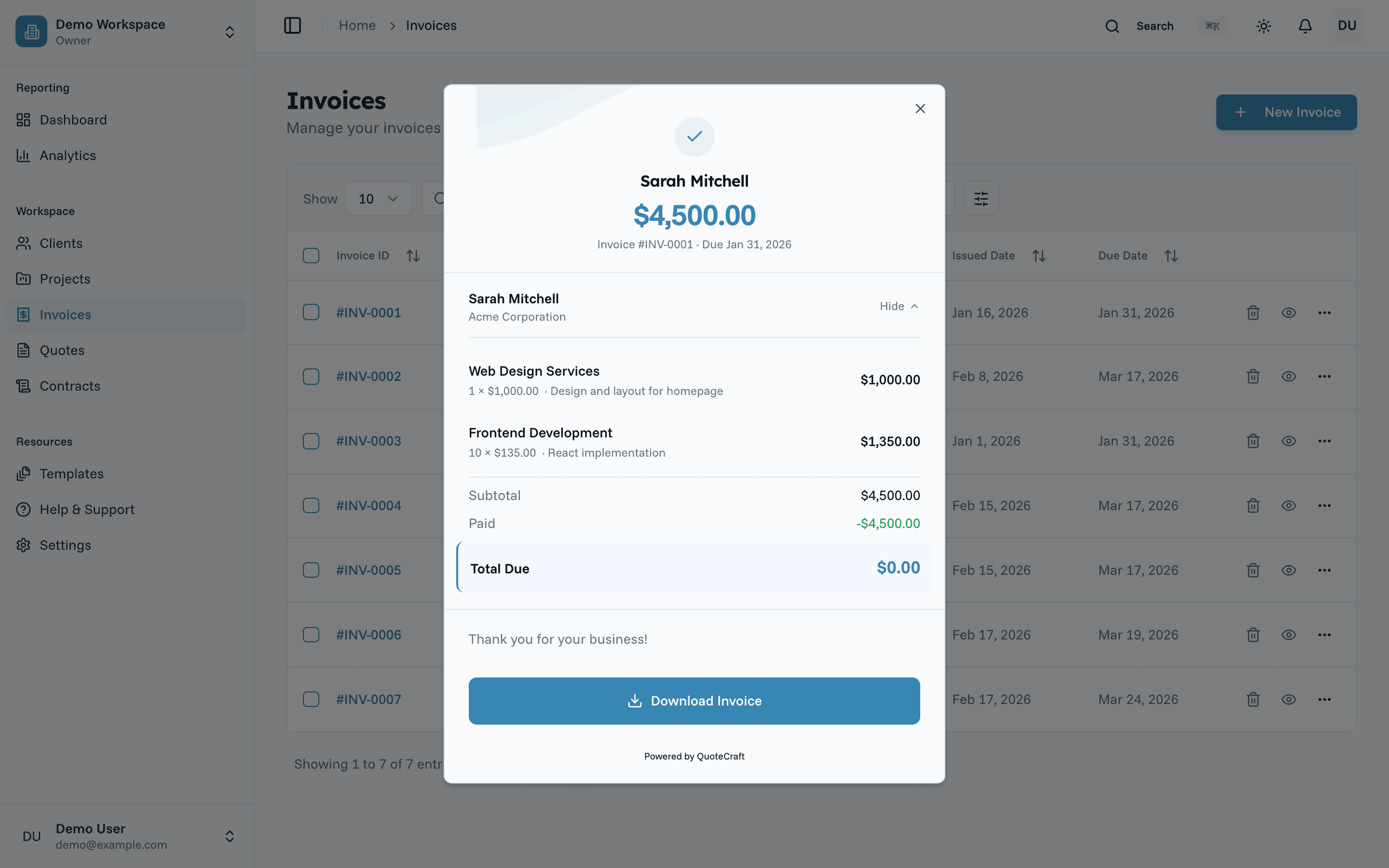 QuoteCraft invoice with line items and payment tracking